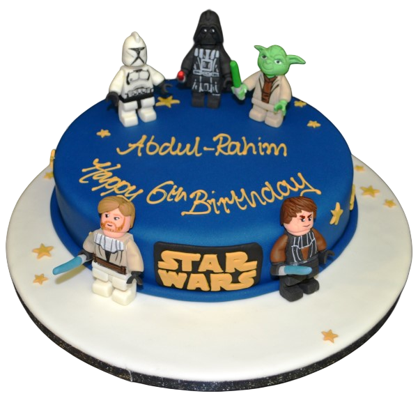 Colorful Lego Star Wars themed cake with intricate details and decorations, perfect for fans of the iconic franchise.