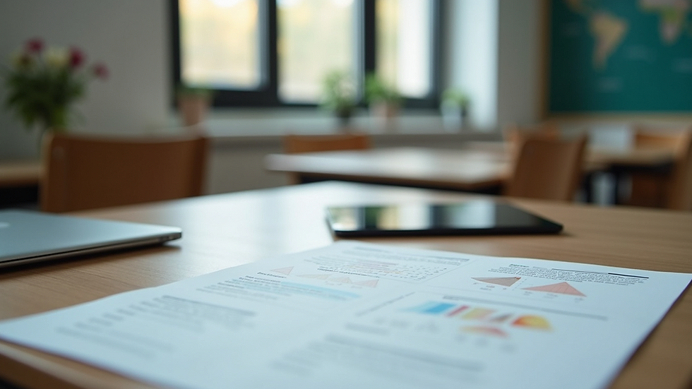 Close-up view of a science teacher’s desk with printed lesson plans and a tablet