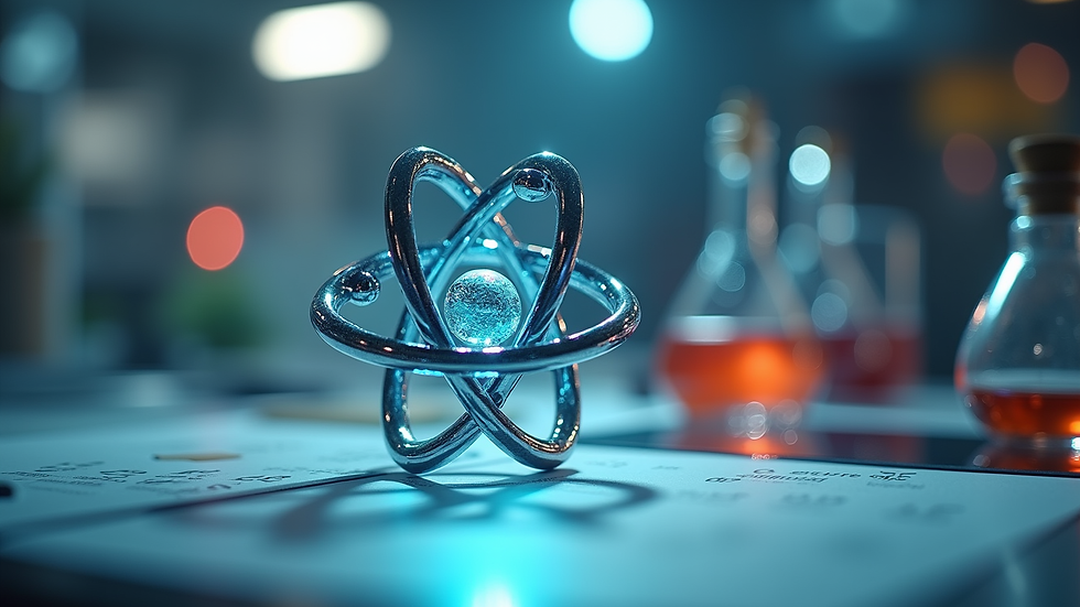 Eye-level view of a 3D atom model on a science desk