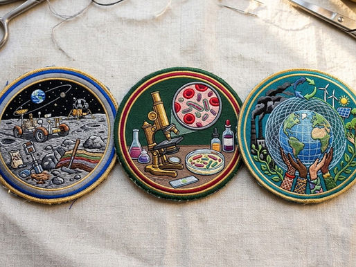 3 badges representing science events from December 11th