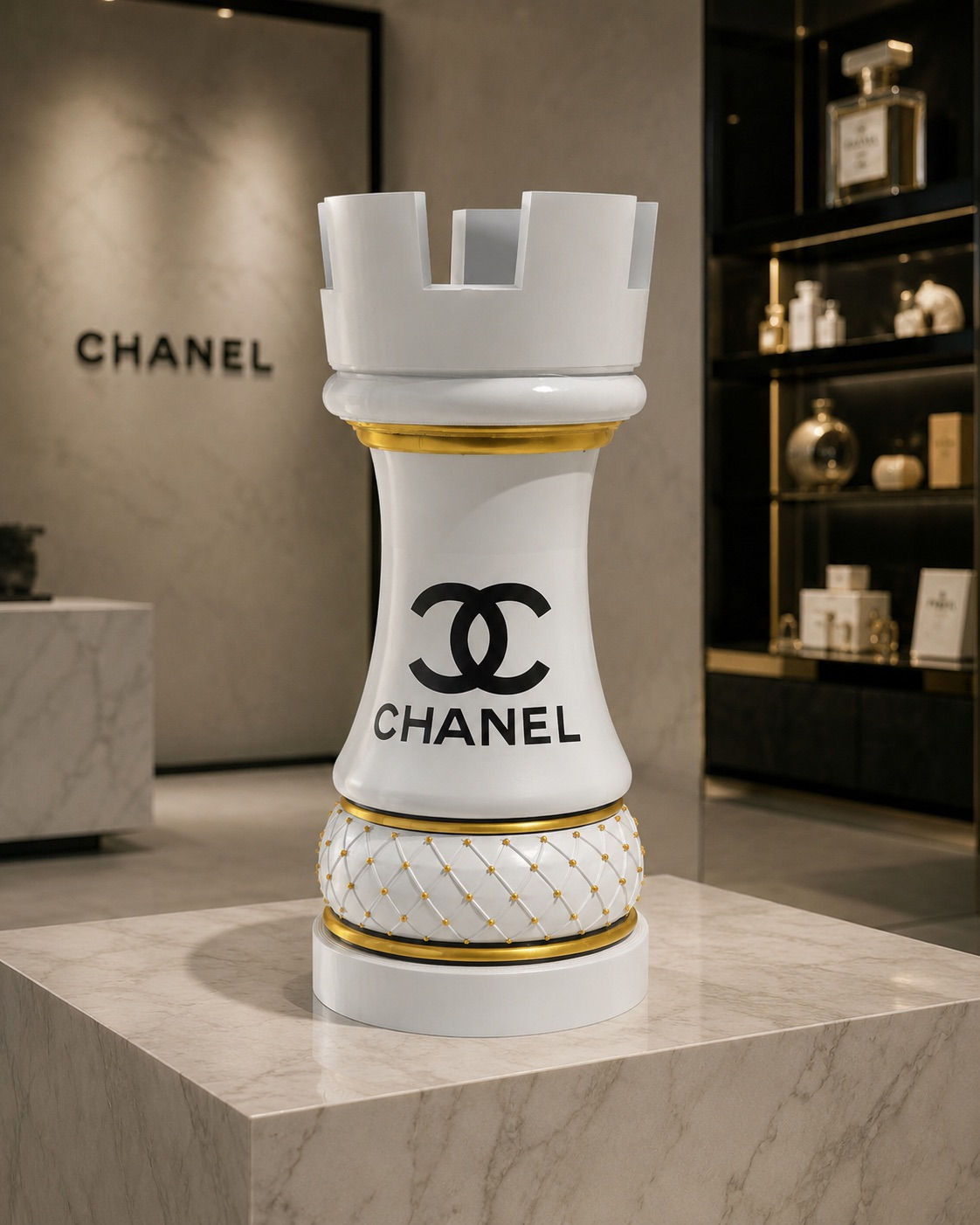 Tour d'Échecs Chanel Blanc & Or – Edition Luxe 31 cms
