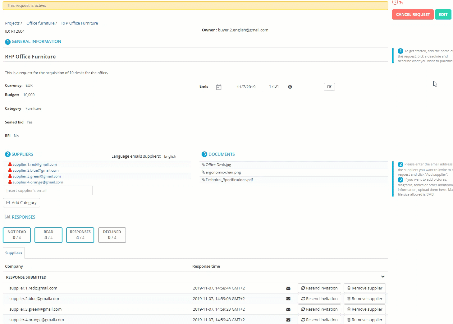 How a RFI looks like in Prokuria software.