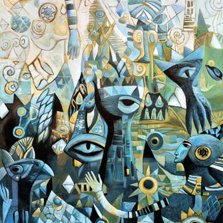 Szilvia Ponyiczki's painting Materia Symbolica I. unfolds in swirling hues of turquoise and blue — a threshold between chaos and emerging order. Biomorphic hieroglyphs drift like echoes from ancient dreams, many marked with the eye, symbol of perception and hidden knowledge.
Amid the shifting forms, a crowned, octopus-like figure transforms into a bird — a symbolic evolution from instinct to spirit. The Sky Father seems to guide this change, silently coaxing shape from disorder.
Symbols and motifs rise from ruin, half-formed and mysterious. This is not a fixed narrative, but an open mythic space — inviting viewers to decipher their own meaning, and witness the moment where form begins to take hold.
