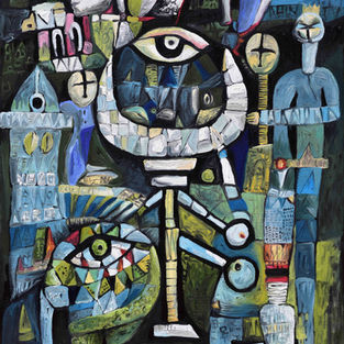 painting depicting a symbolic and evocative composition exploring ancient spirituality and the timeless connection between the divine and the human