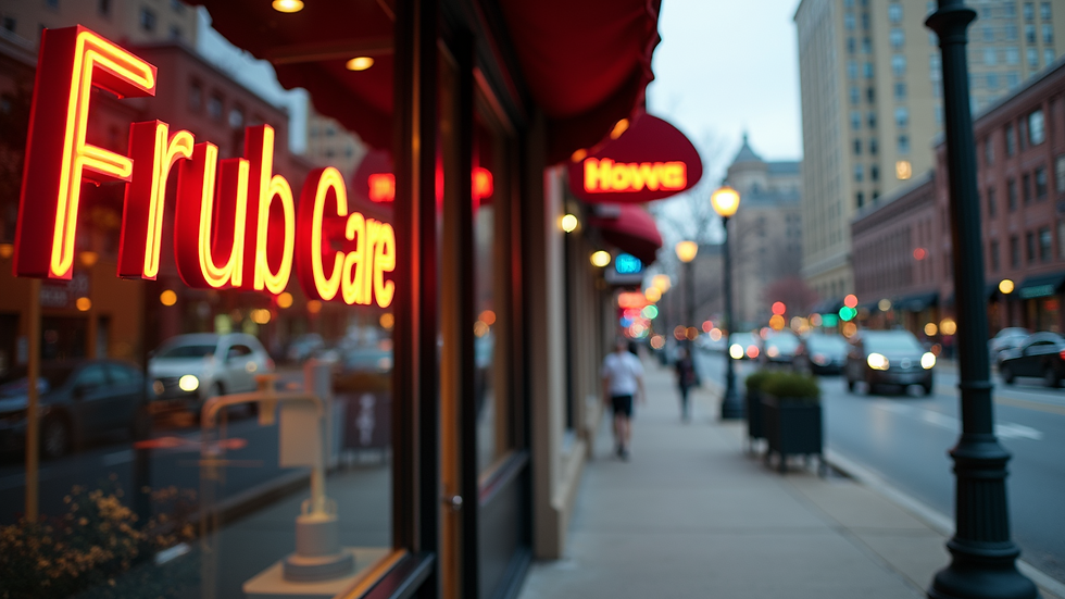 Close-up view of a small business storefront in Atlanta with vibrant signage