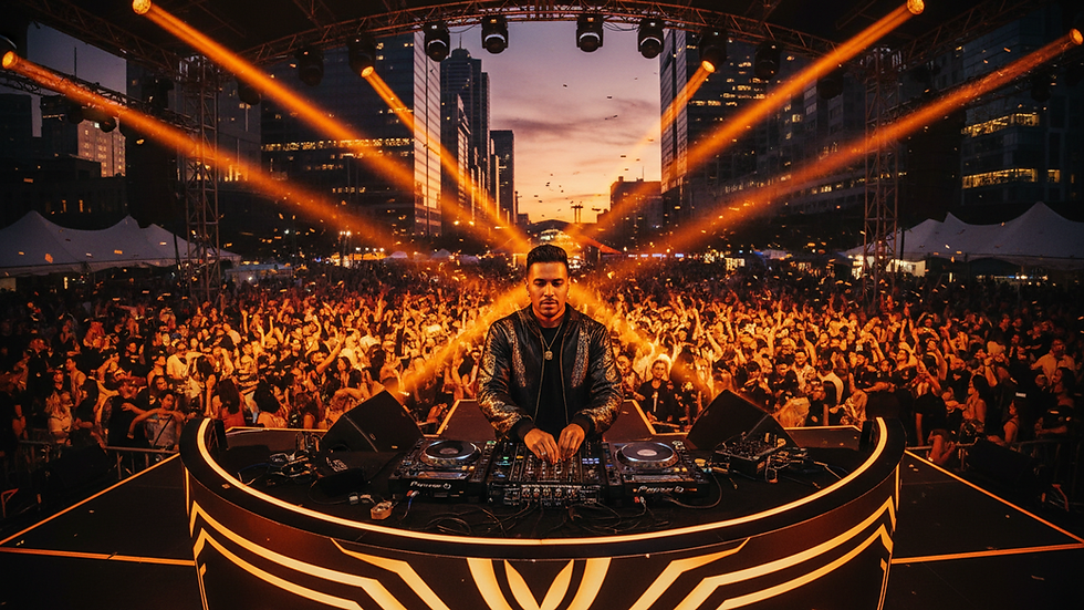 High angle view of a DJ mixing tracks at an urban music festival