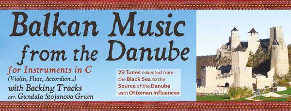 Balkan Music from the Danube cover features castle, sky, text on instruments in C, backing tracks, 29 tunes, Ottoman influences.