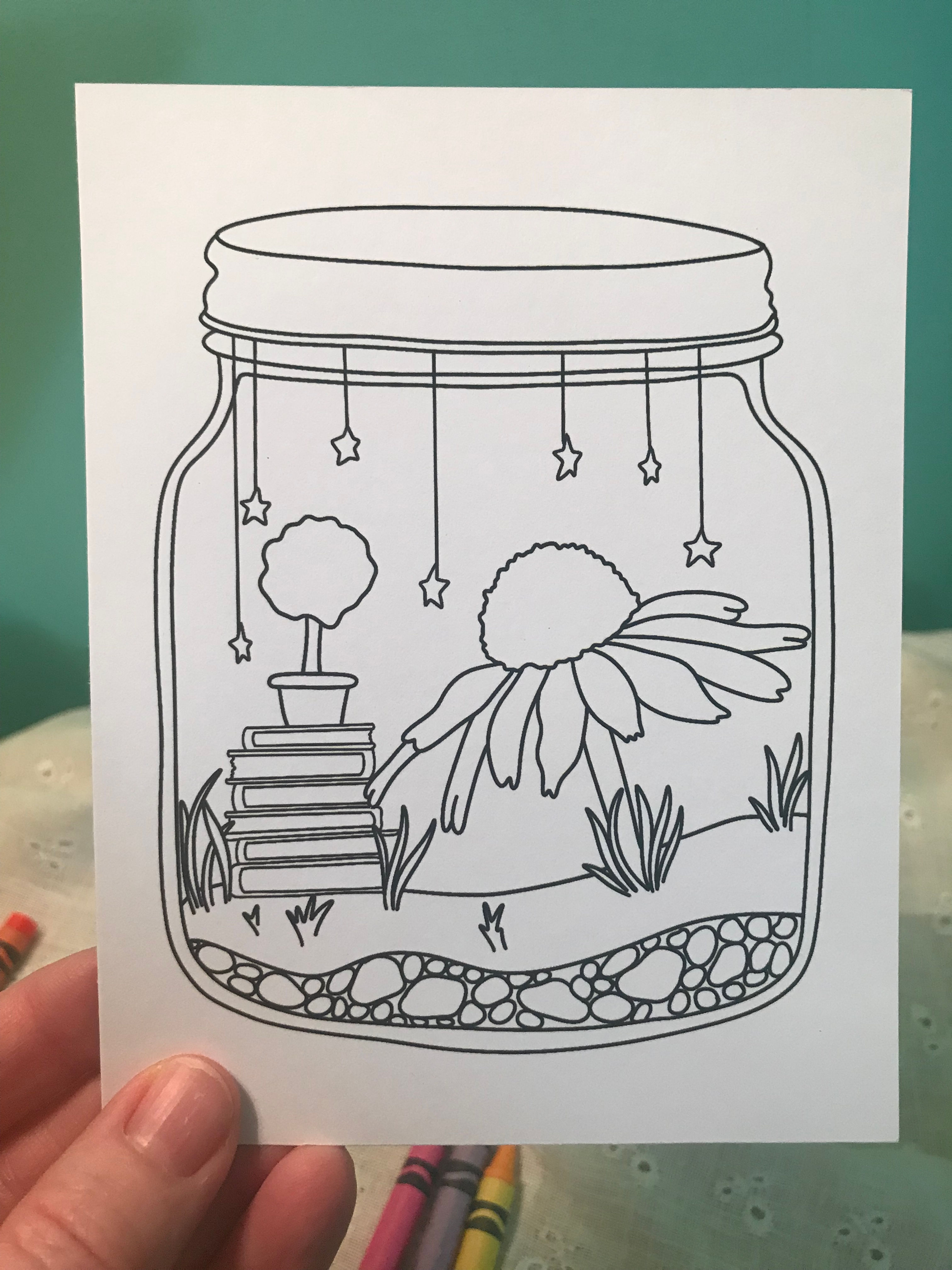 Terrarium with Flower and Books Coloring Card