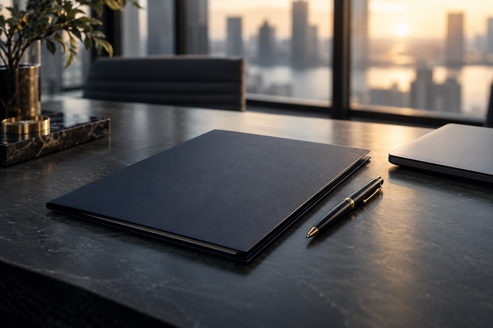 Commercial agreement folder and pen on a meeting table