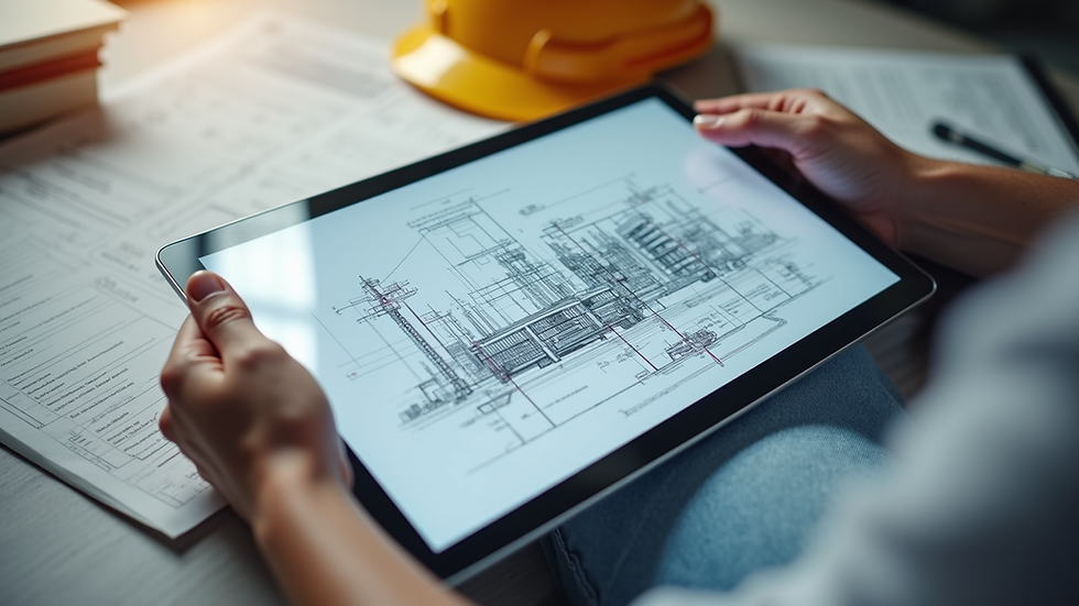 High angle view of a digital tablet showing construction project plans
