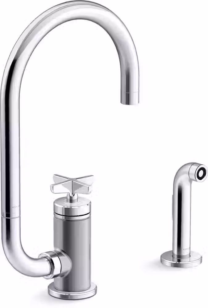Thumbnail: KOHLER Billet Single Handle Kitchen Faucet with Cross Handle & Side Spray