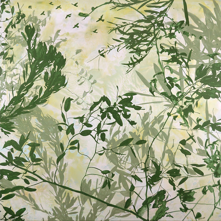 CarpeDiem is an acrylic painting of various plant silhouettes in a garden with other lighter versions behind them and birds flying in formation above
