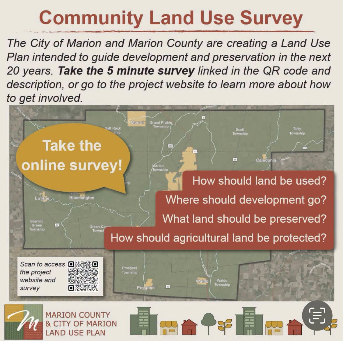 Community Land Use Survey flyer for Marion County and the City of Marion.