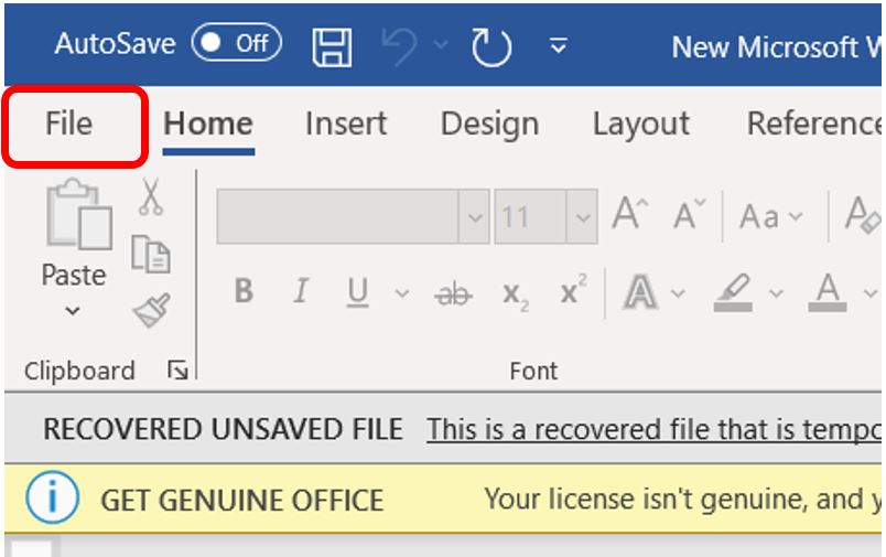 الخيار file في برنامج وورد