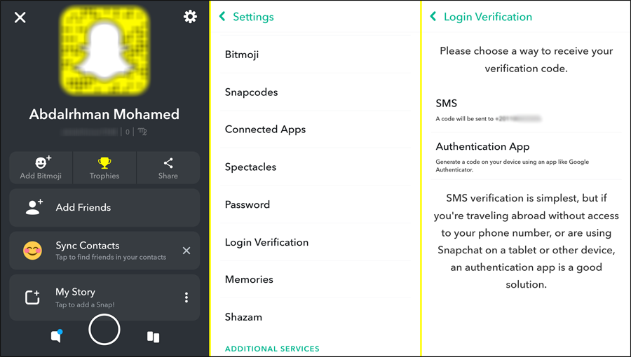 تفعيل التحقق بخطوتين فى سناب شات