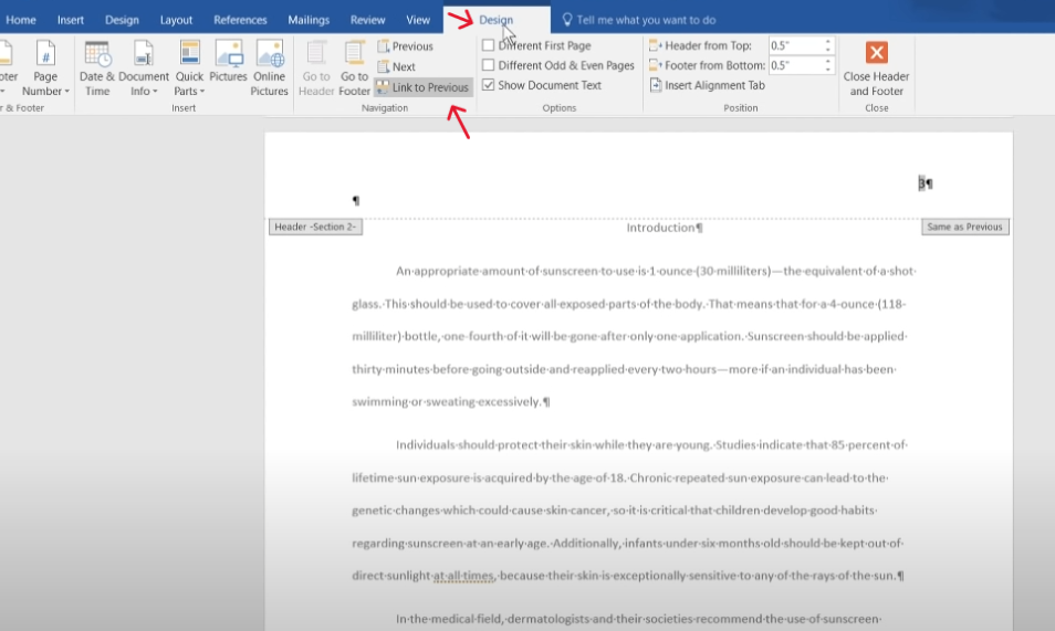 ربط الترقيم للصفحات في وورد
