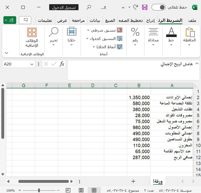 مثال لنموذج بيانات مالية Excel لشركة