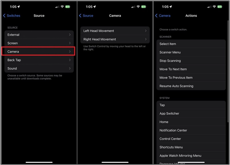 تحريك ايفون بحركة الرأس (اليمنى أو اليسرى) - خيارات ميزة التحكم بالتبديل