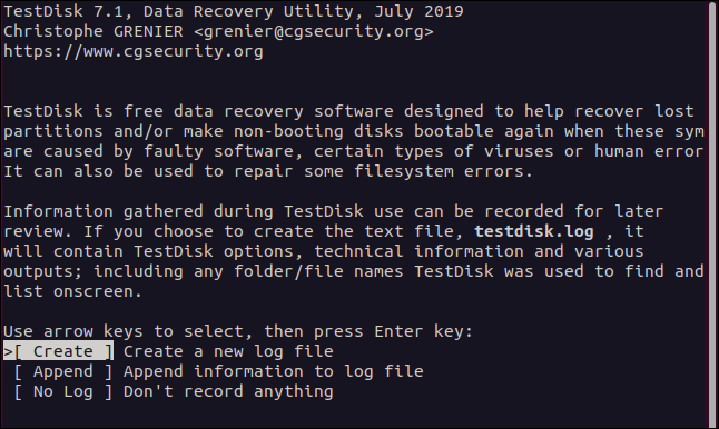 testdisk انشاء ملف تسجيل