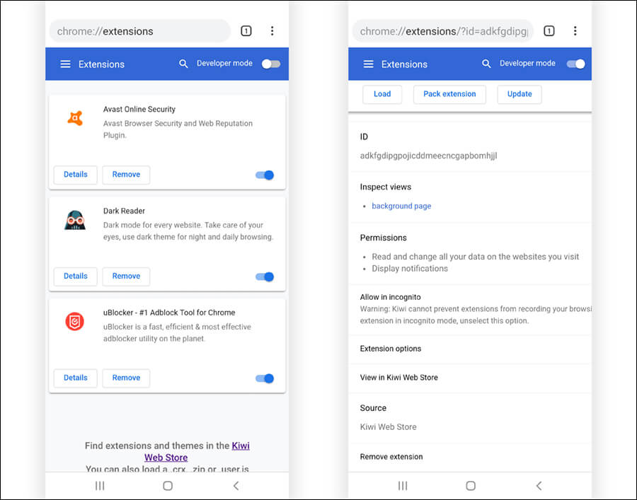 إدارة اضافات كروم على الاندرويد