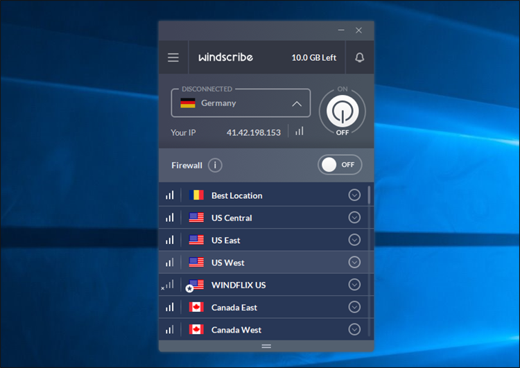 واجهة برنامج Windscribe