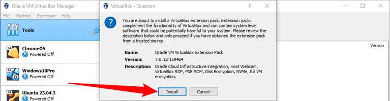 تثبيت حزمة امتدادات VirtualBox