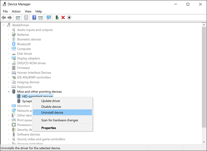 إزالة تثبيت تعريف الماوس