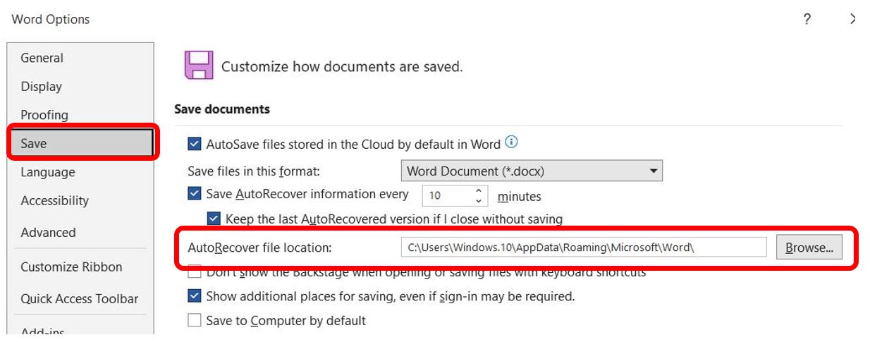 الملفات المخزنة للاسترداد التلقائي AutoRecover في word