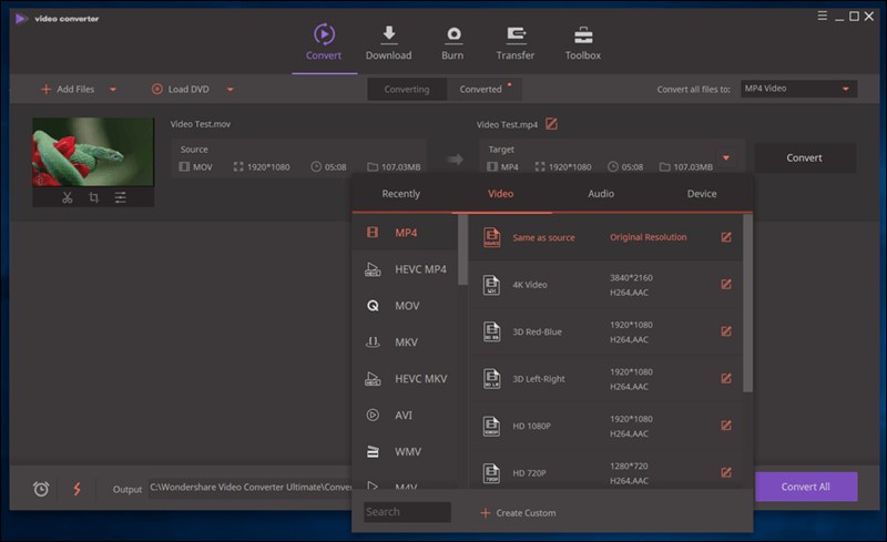 تحديد صيغة MP4 من القائمة