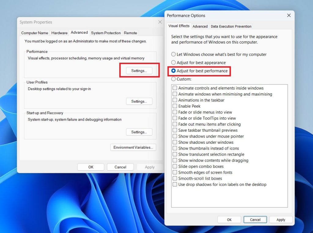 ضبط اعدادات الأداء وتقليل المؤثرات في ويندوز