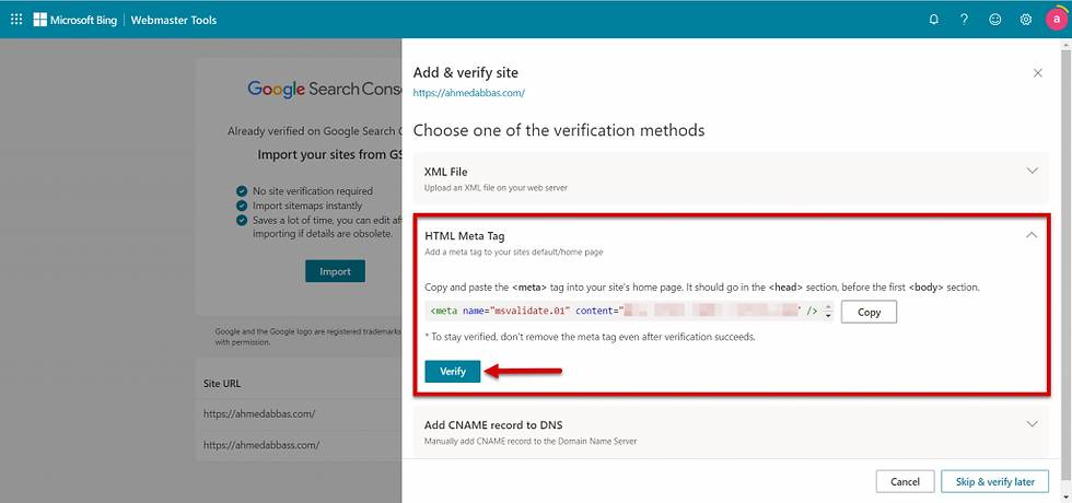 23 - تأكيد إثبات ملكية الموقع الإلكتروني على أداة Bing Webmaster Tools