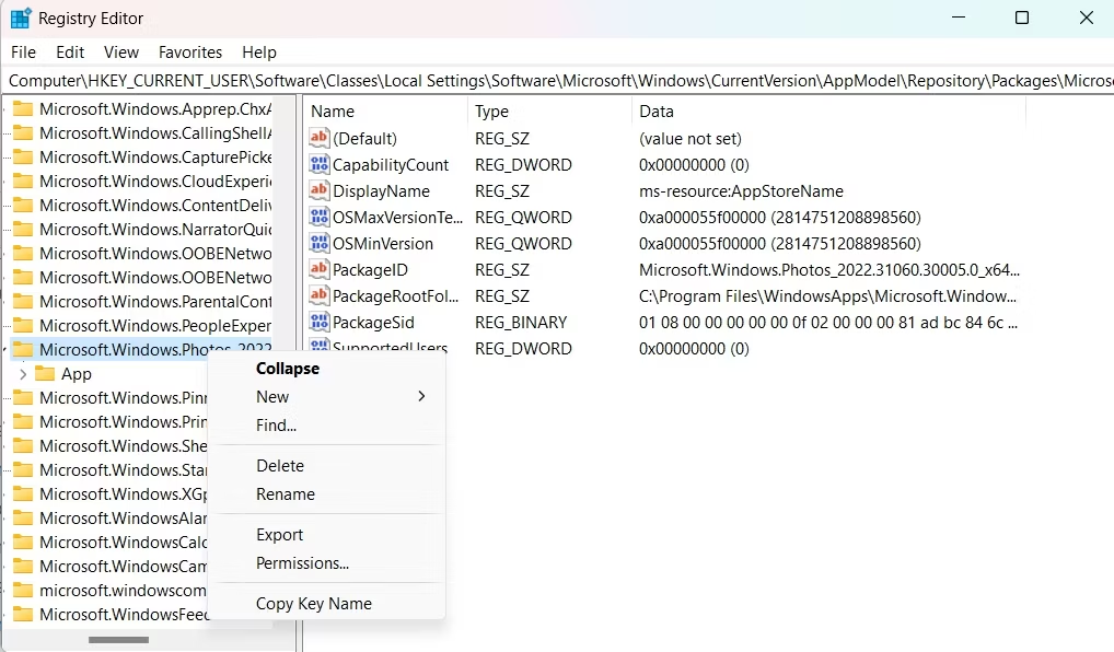 تعديل الريجستري Windows.Photos