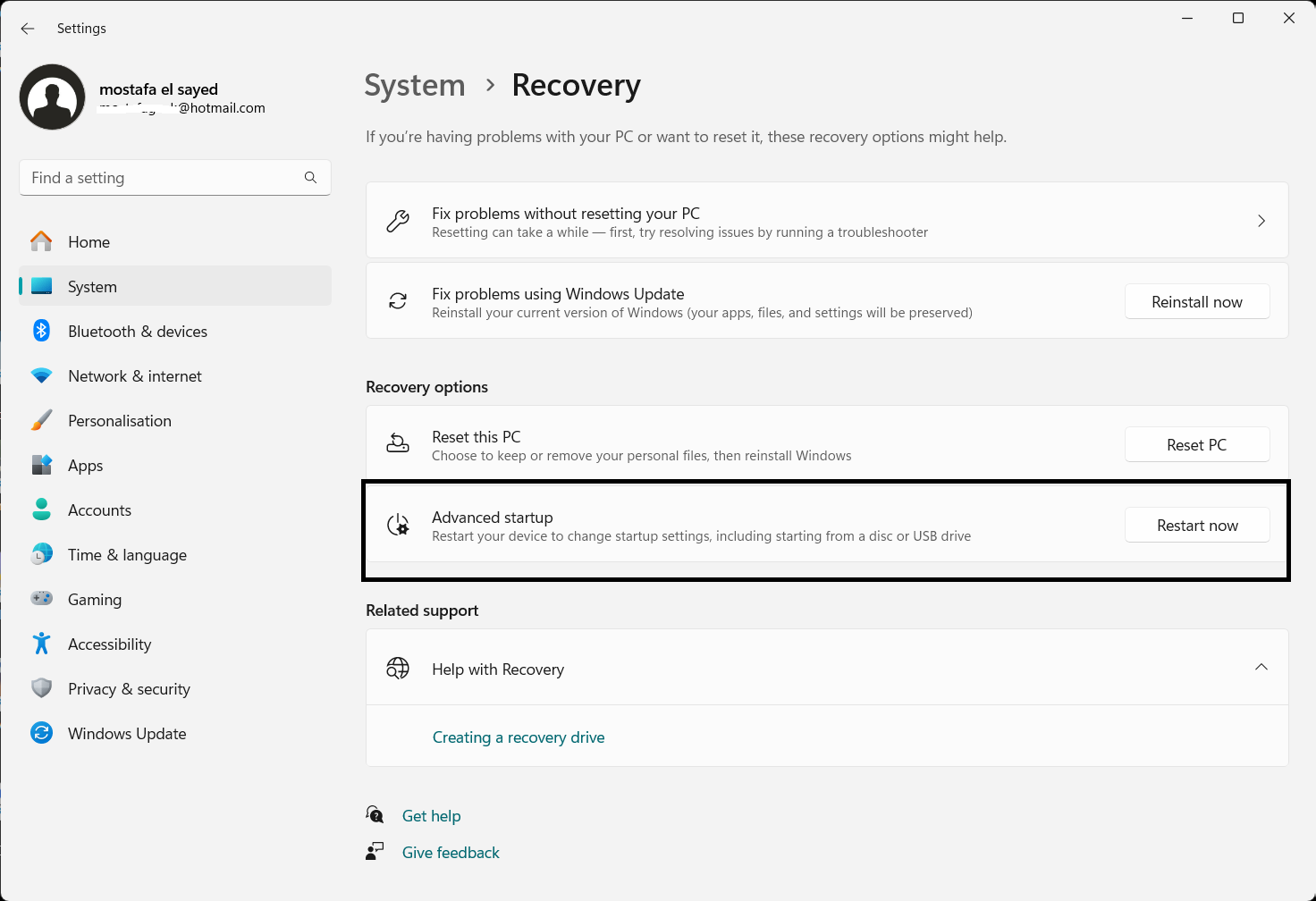 Windows 11 Advanced startup option