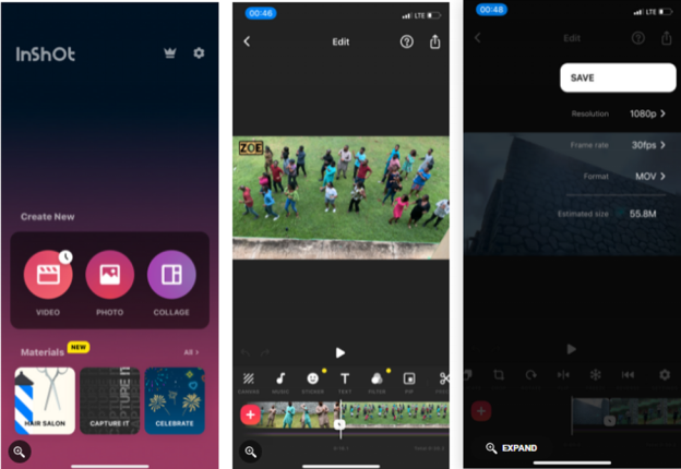دمج مقاطع الفيديو على الموبايل inshot