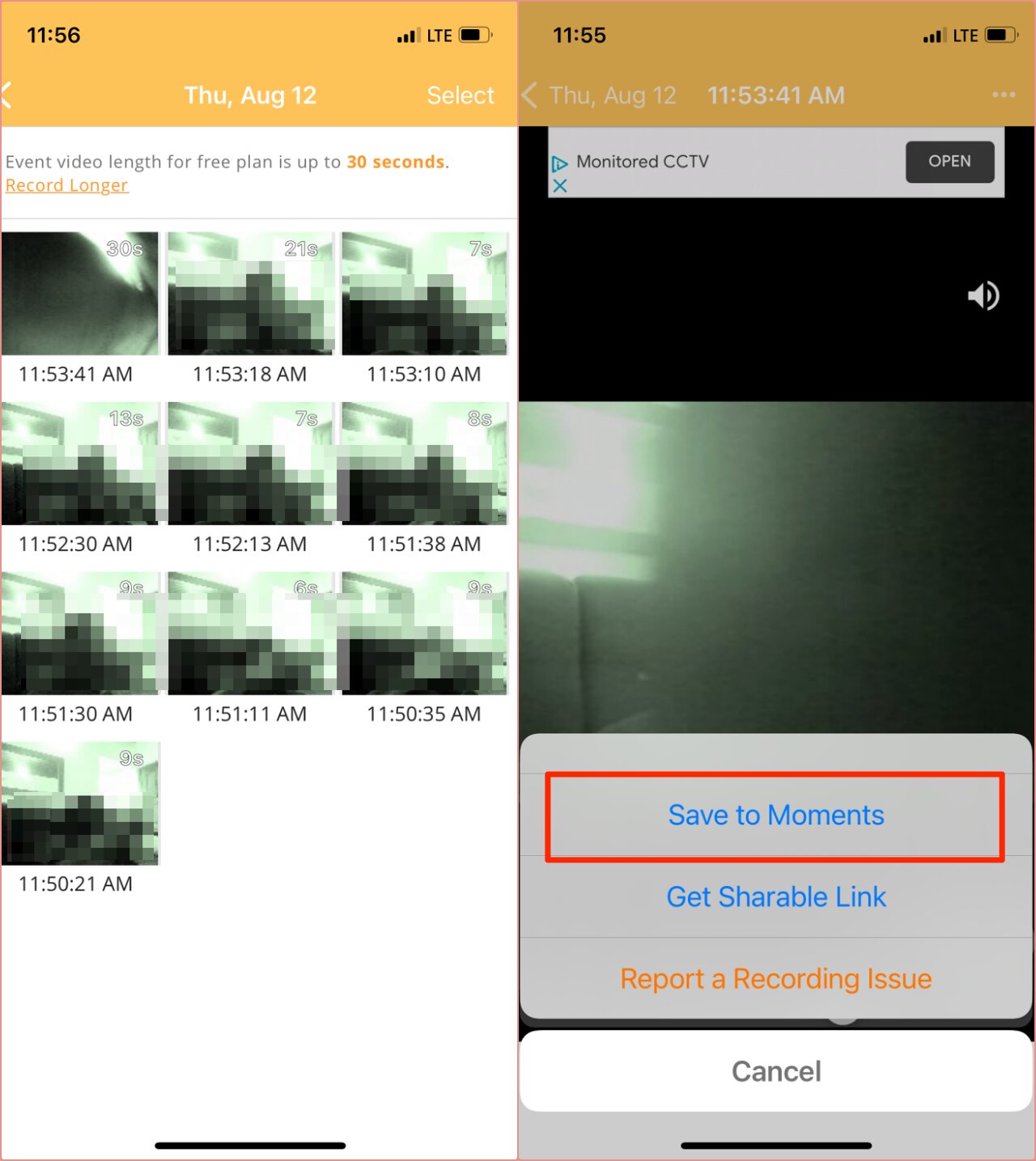 تسجيل مقاطع يواسطة Alfred Camera