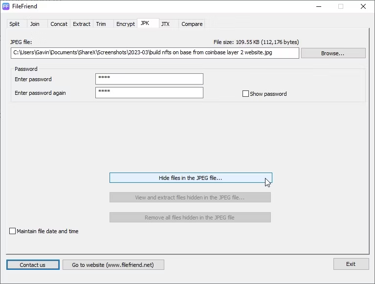 برنامج FileFriend اخفاء الملفات في صورة