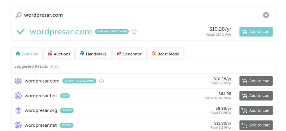 البحث عن اسم نطاق في موقع إحدى شركات أسماء الدومينات