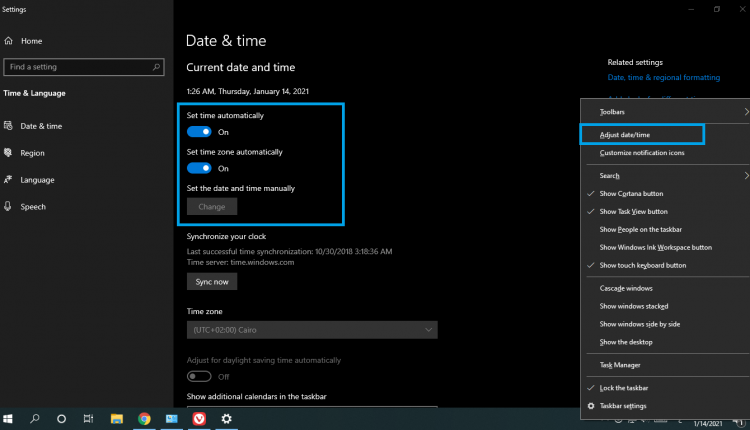 ضبط الوقت في ويندوز 10