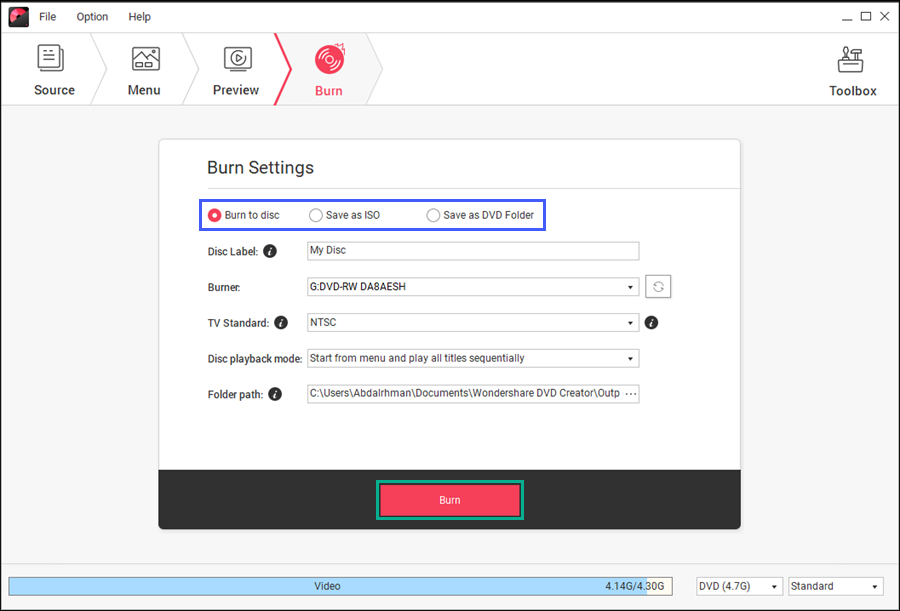 معاينة وحرق قرص DVD