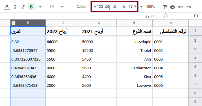 ضبط نوع بيانات الخلايا