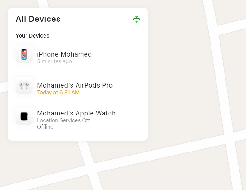 خانة "أجهزتي" في موقع find my
