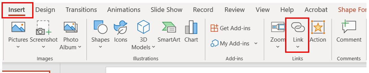خيار ادراج ارتباط في بوربوينت "ارتباط (link)"