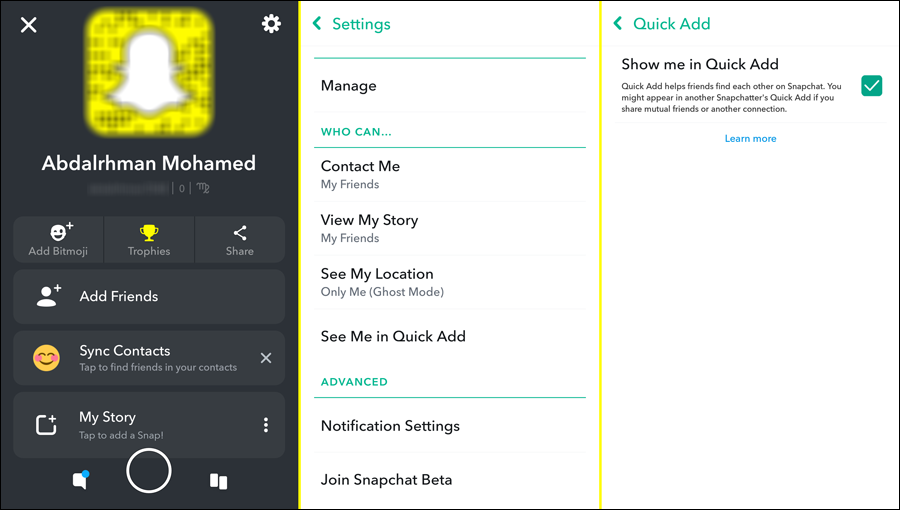 عدم الظهور فى قسم Quick Add على سناب شات