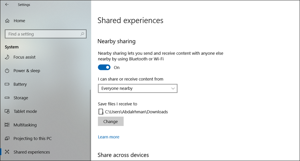تفعيل ميزة Nearby Sharing
