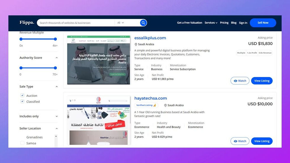 واجهة موقع Flippa لبيع وشراء مواقع الويب