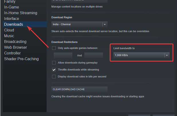 تحديد سرعة تحميل Steam