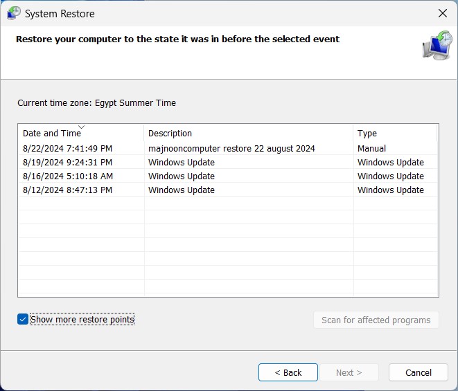 اختيار نقطة استعادة نظام