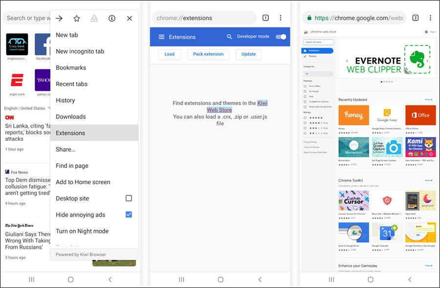 إضافات متصفح Kiwi للاندرويد