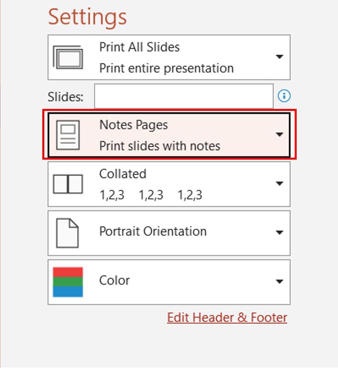 الخيار "صفحات ملاحظات (Notes Pages)" من خدع البوربوينت لطباعة العرض التقديمي مع ملاحظات
