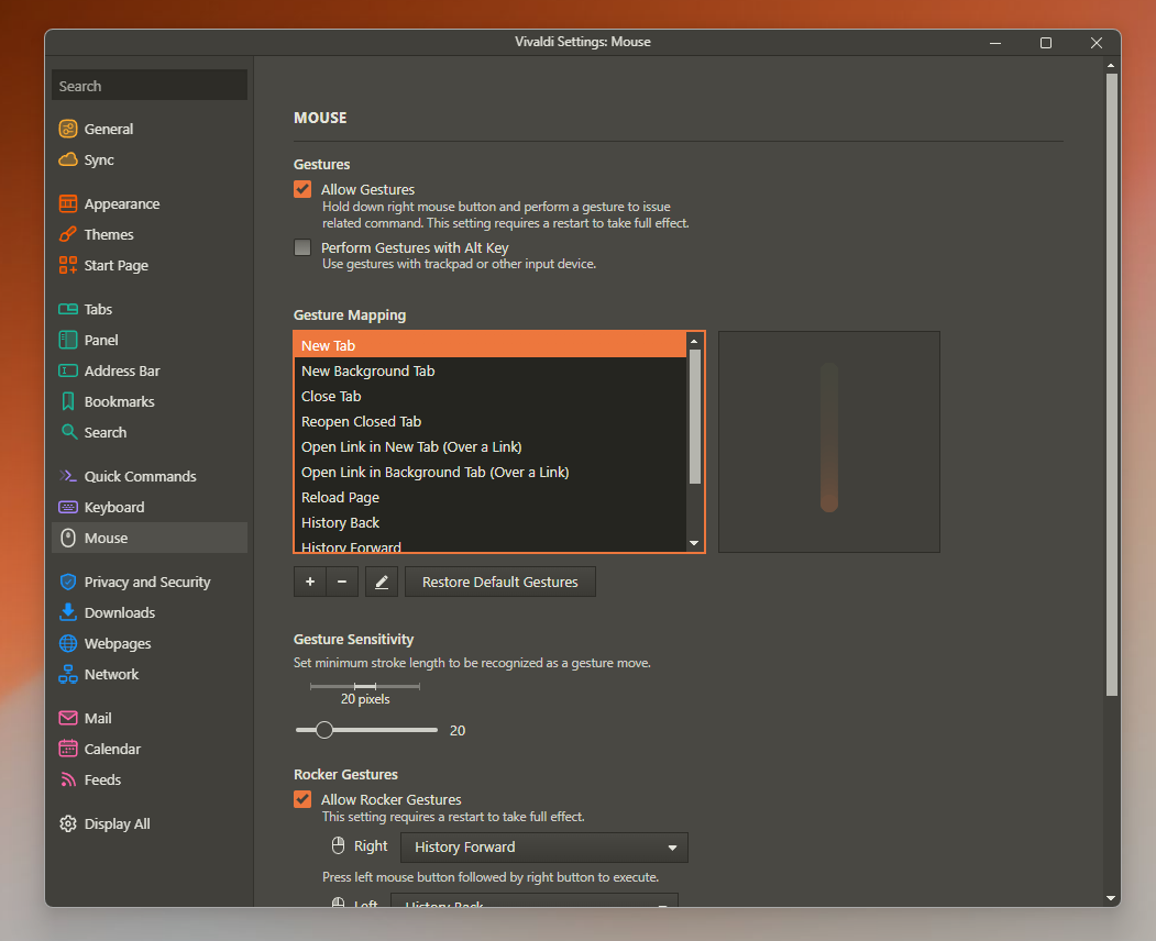اعدادات متصفح Vivaldi